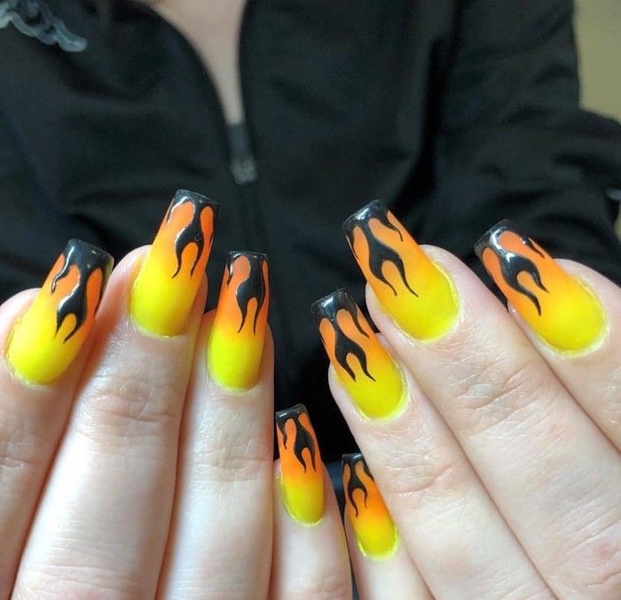 Orange Nail Designs with Gradient Flames